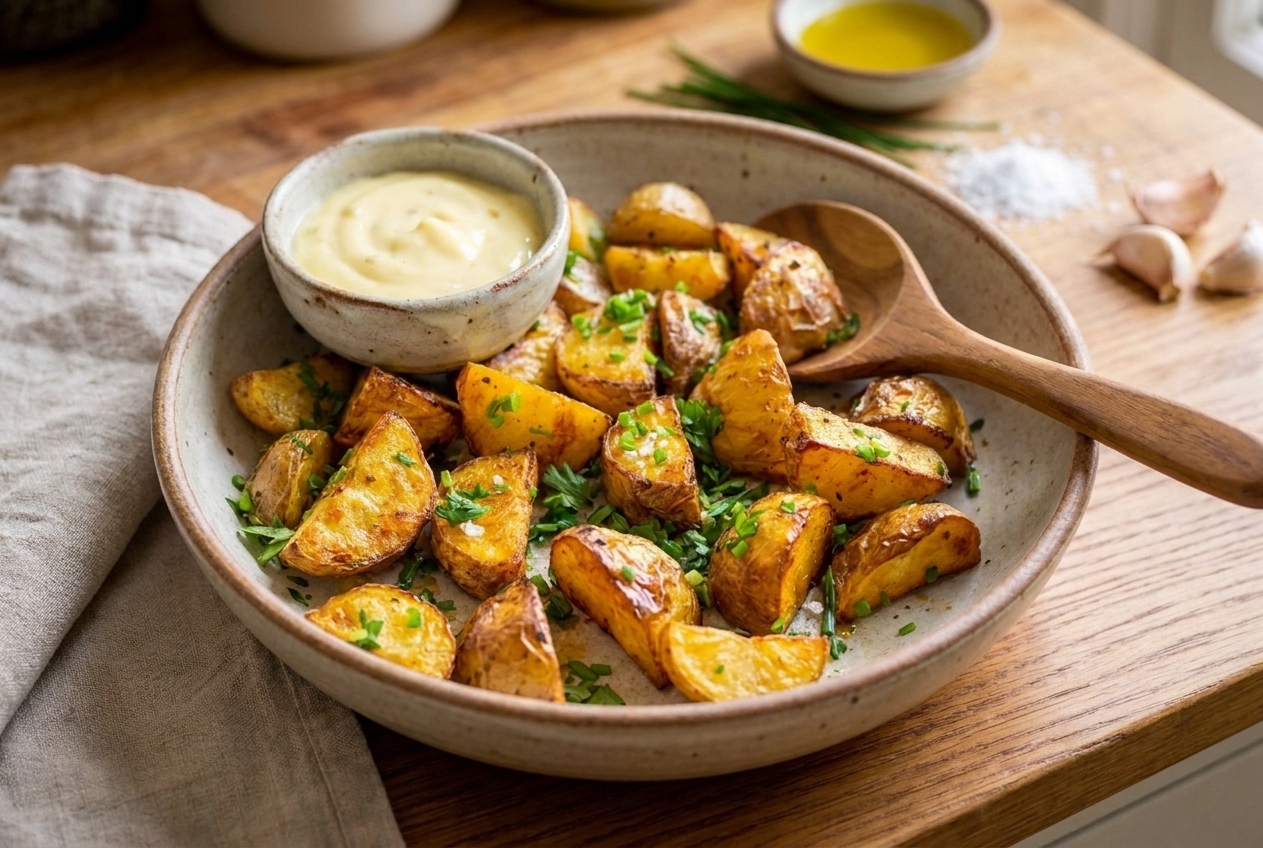 Crispy roasted potatoes served with a small bowl of dipping sauce and scattered herbs