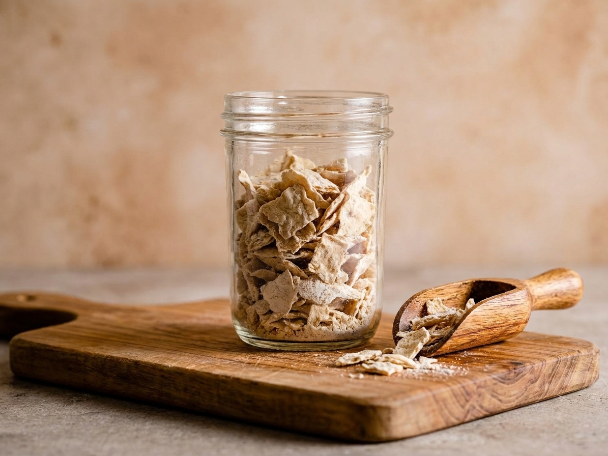 Crumpled dried sourdough starter flakes in a small glass jar on a wooden cutting board