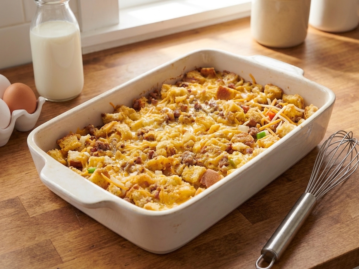 Cubed bread spread in an unbaked casserole dish on a countertop