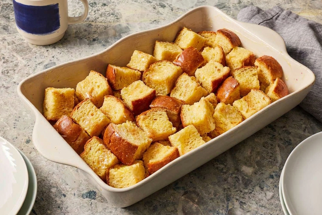 Cubed brioche bread piled into a buttered rectangular ceramic baking dish on a kitchen counter
