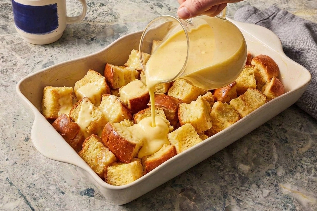 Custard being poured from a bowl over cubed bread in a baking dish on a kitchen counter