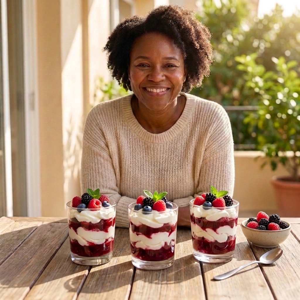 Dessert glasses filled with swirled whipped cream and berry jam, topped with fresh berries