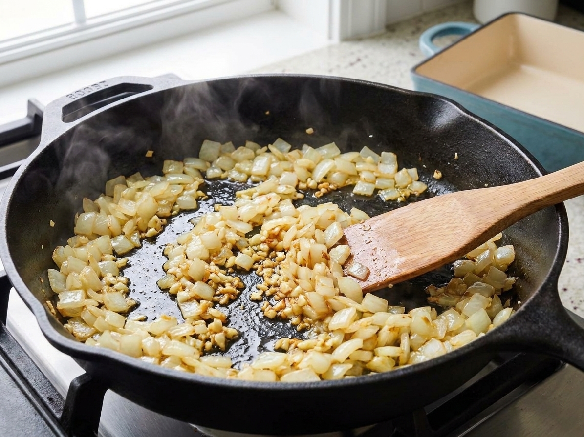 Diced onion and minced garlic sautéing in a skillet until soft and fragrant