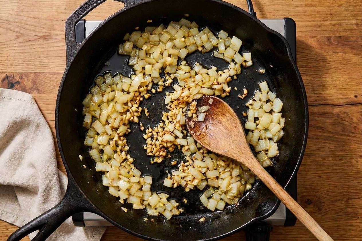 Diced onion and minced garlic sautéing in olive oil in a skillet on a stovetop