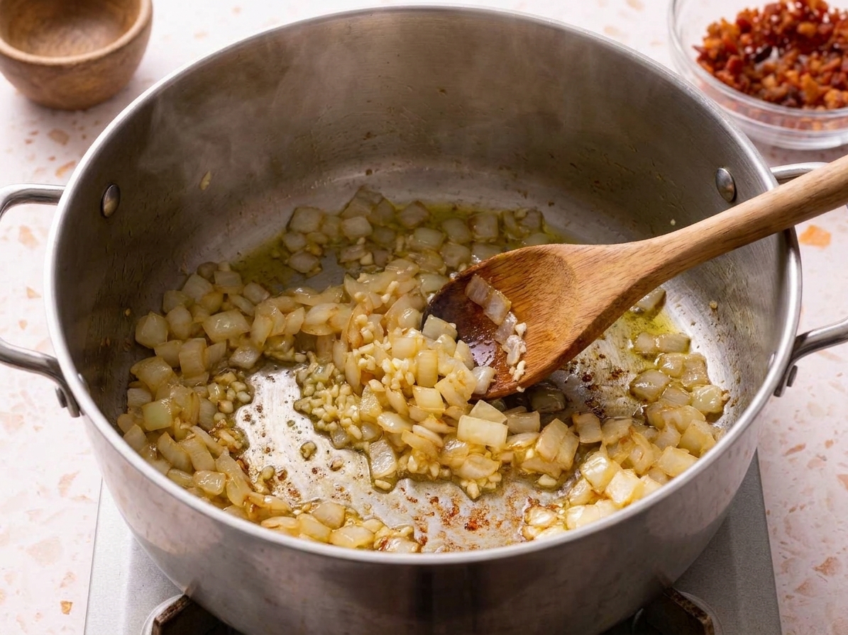 Diced onions and minced garlic sautéing in a pot with a wooden spoon stirring at the start of the soup