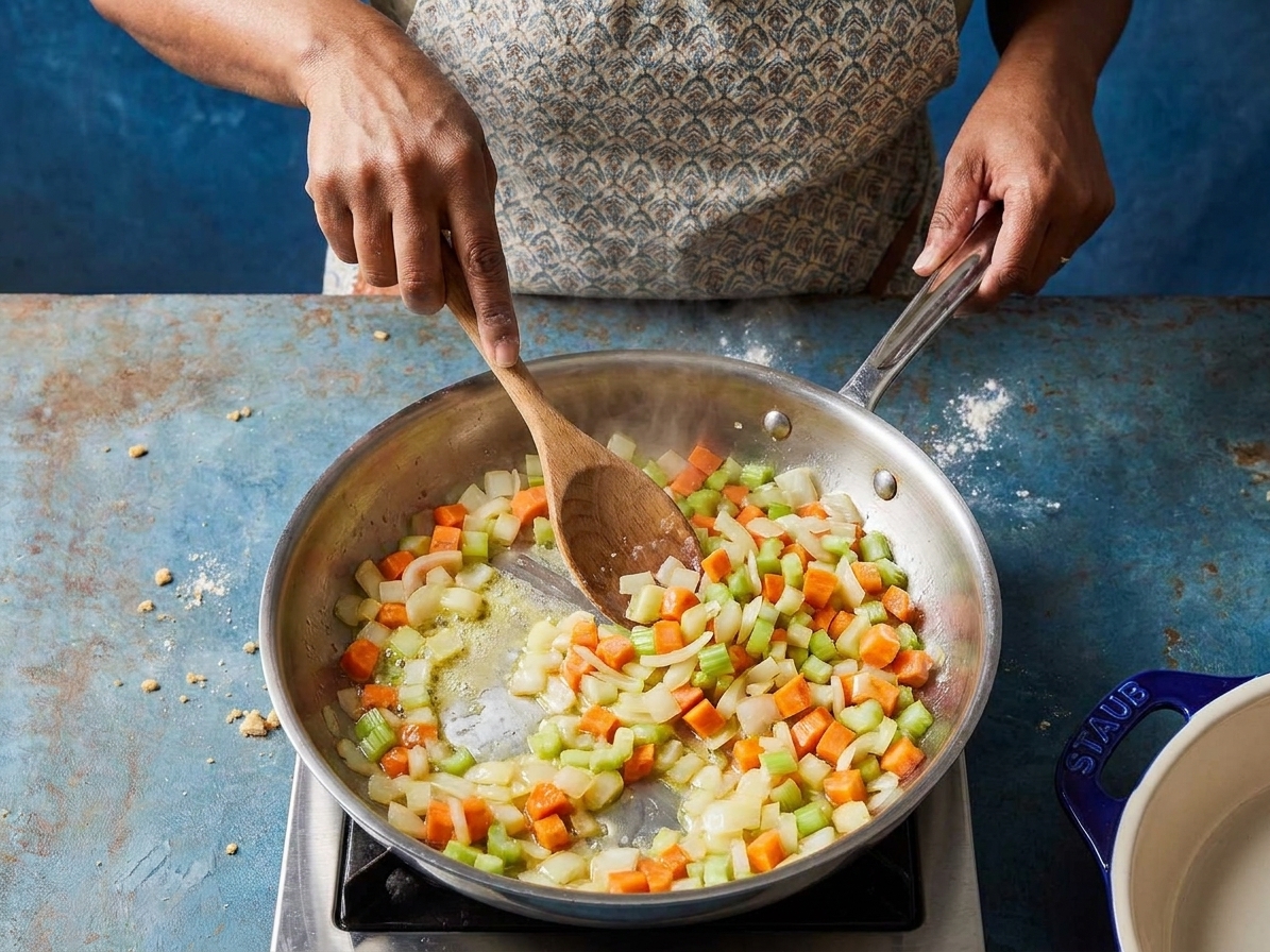 Diced onions, carrots, and celery sautéing in butter in a wide skillet on a stovetop