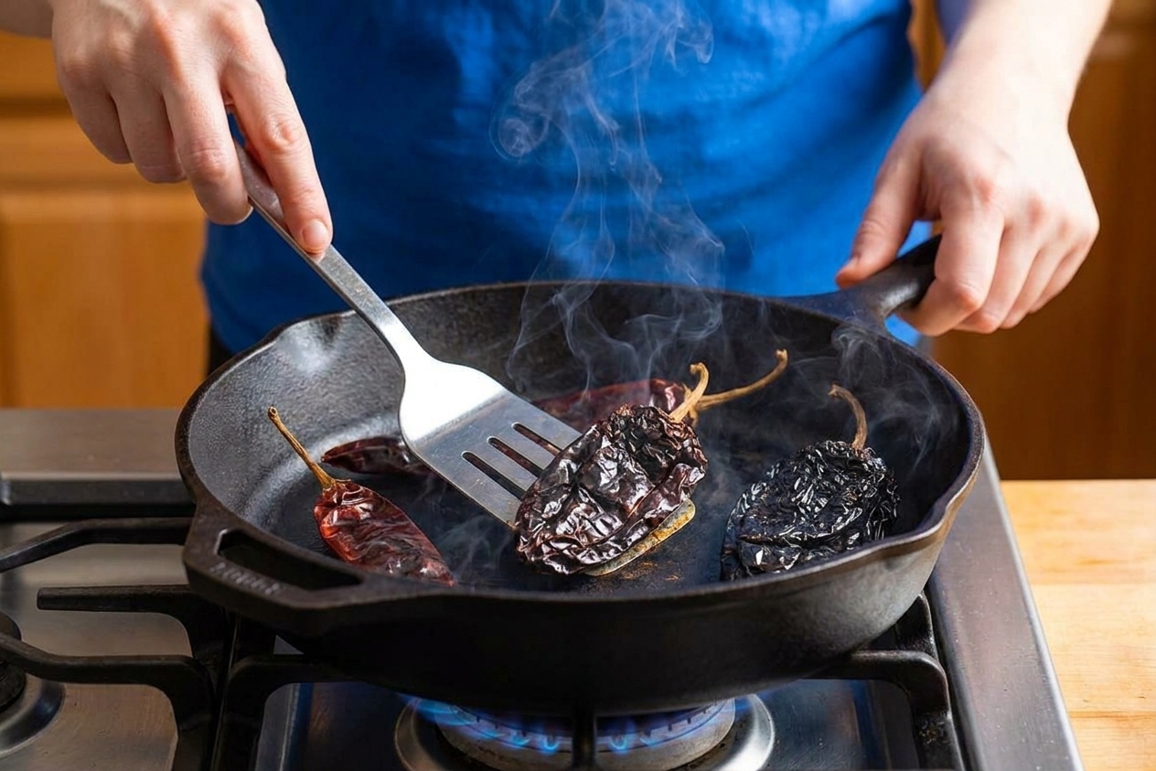 Dried chiles toasting in a dry skillet on a stovetop until fragrant