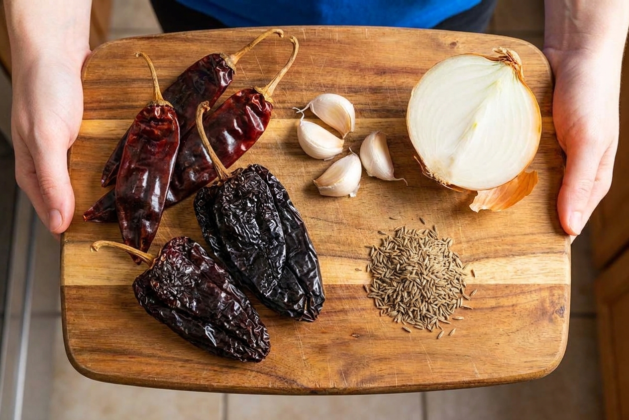 Dried guajillo and ancho chiles on a cutting board with garlic cloves, cumin, and onion nearby