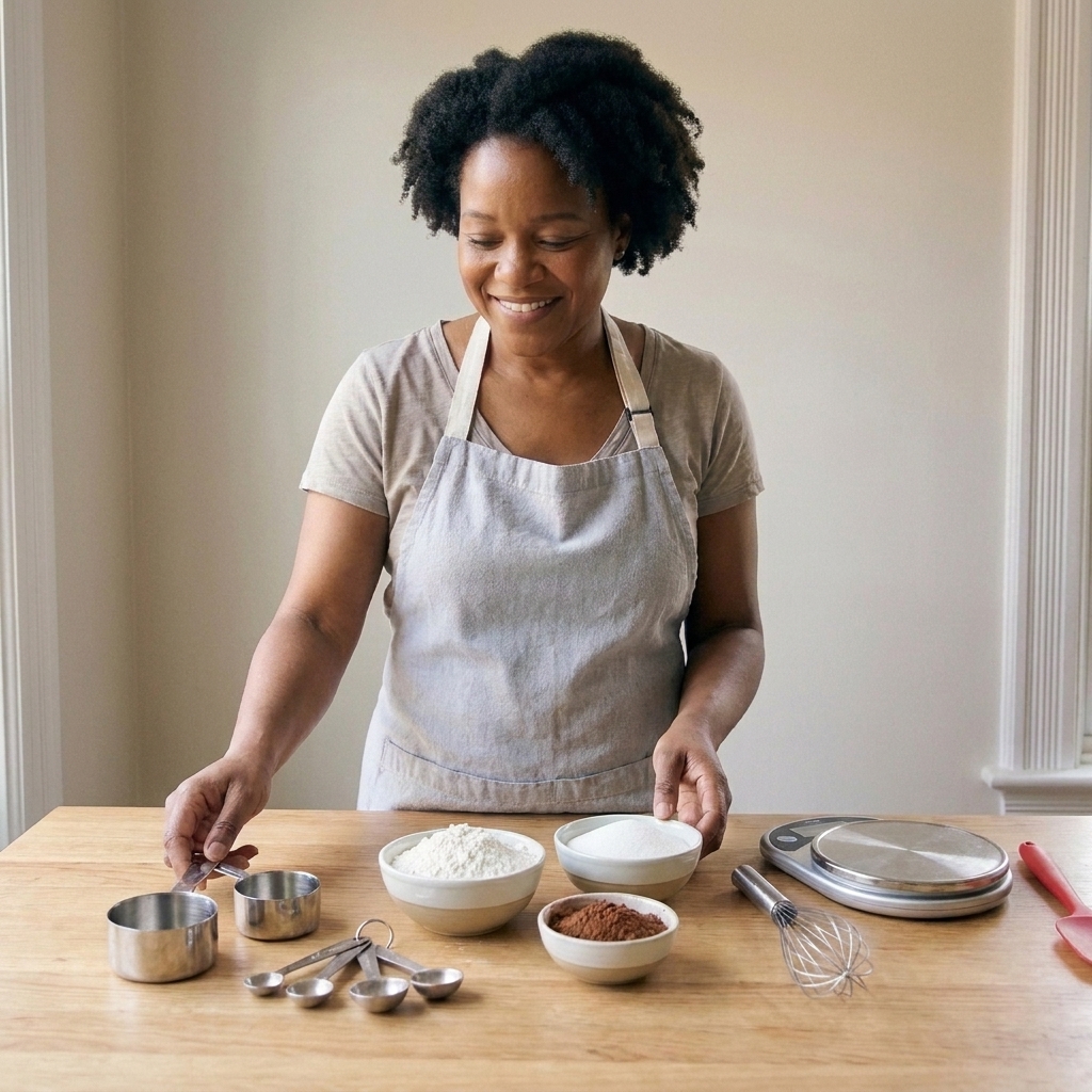 Dry measuring cups and measuring spoons arranged beside small bowls of flour, sugar, and cocoa powder