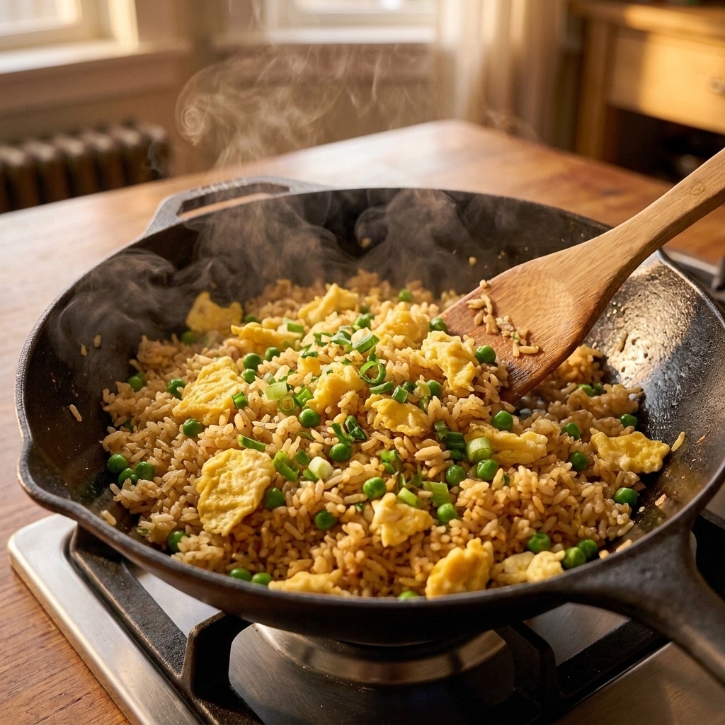 Egg fried rice in a hot wok with peas, scrambled egg, and green onions being stirred with a wooden spatula