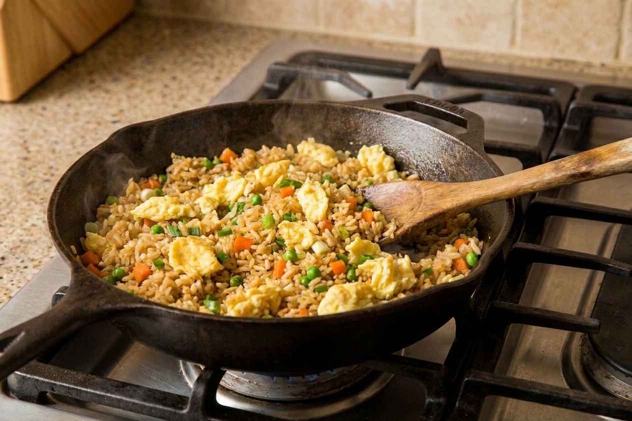 Egg fried rice in a skillet with scrambled egg pieces and mixed vegetables being stirred with a spatula