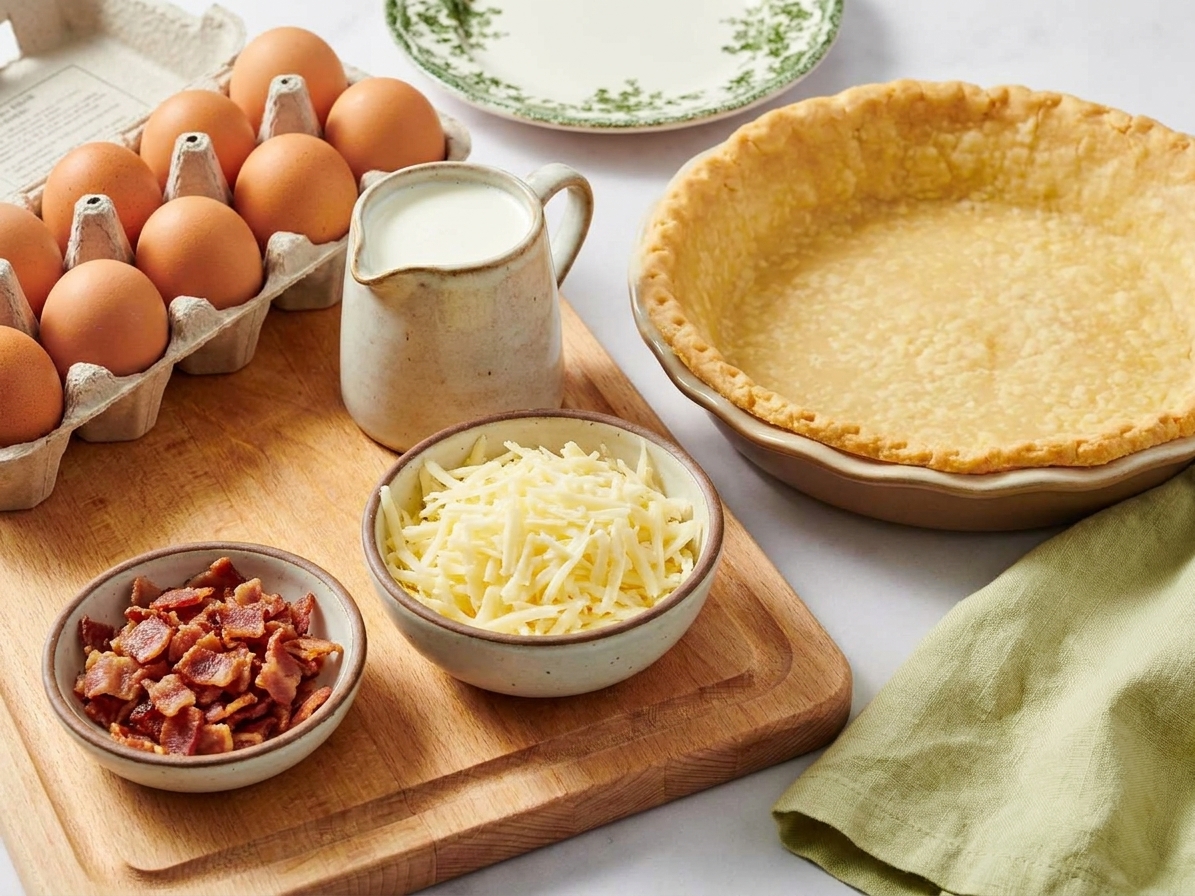 Eggs, a small pitcher of cream, shredded Gruyere cheese, cooked bacon pieces, and a pie crust arranged on a kitchen counter