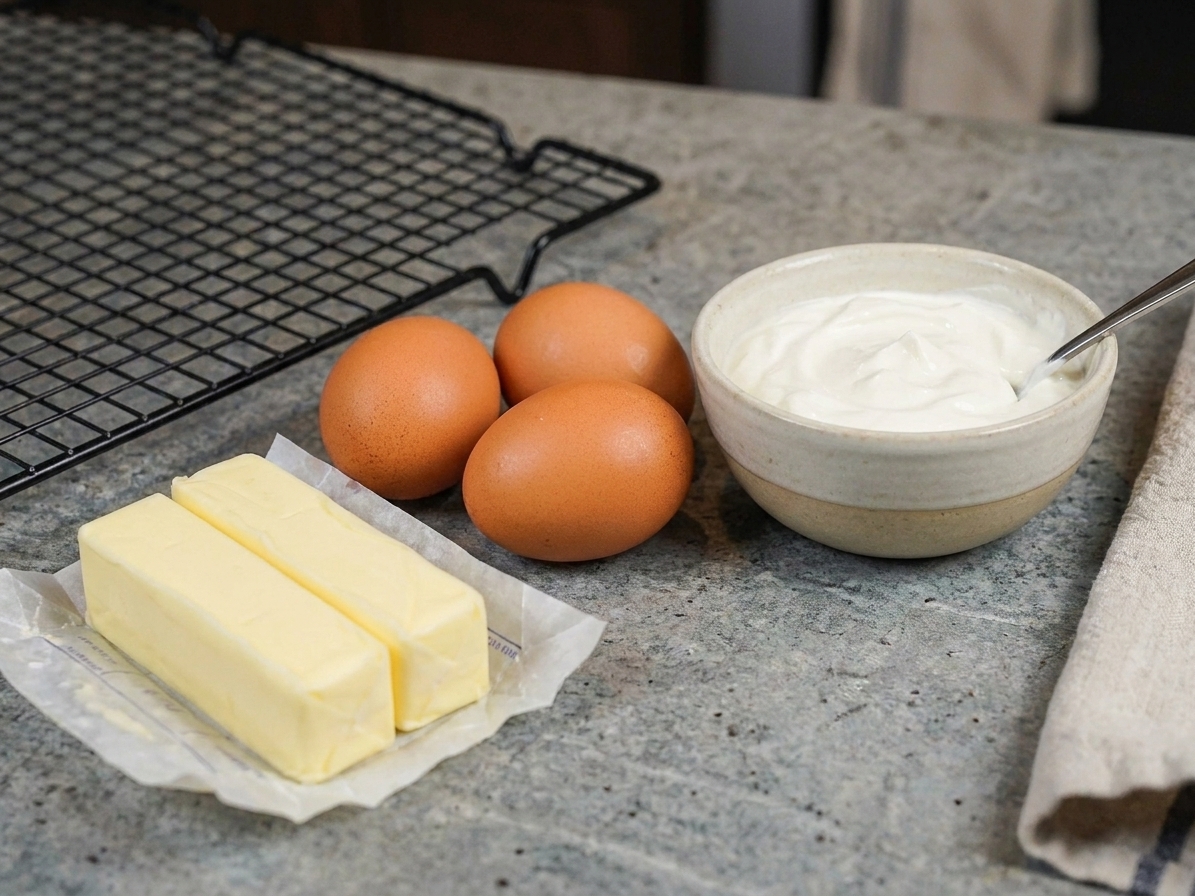 Eggs and sticks of butter sitting on a kitchen counter next to a small bowl of sour cream, ready to reach room temperature