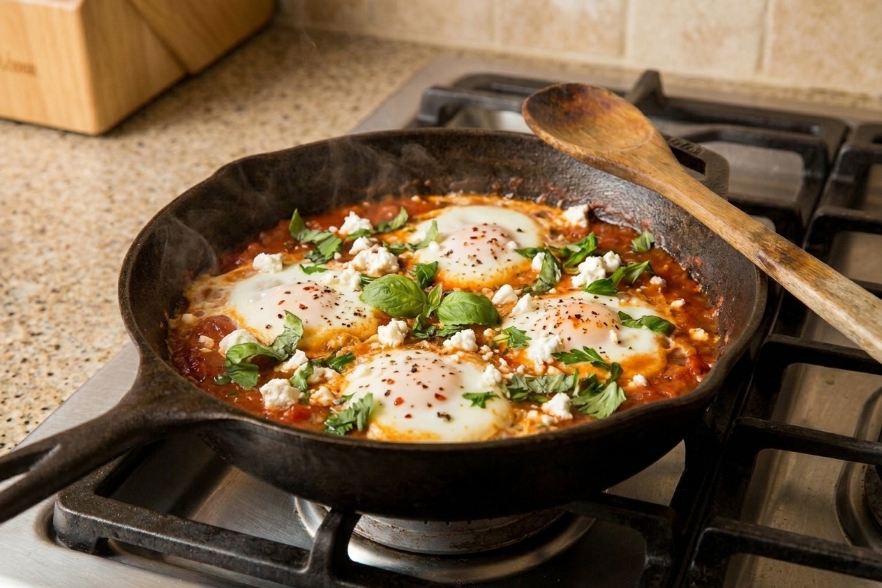Eggs poaching in a bubbling tomato sauce in a skillet with scattered herbs and crumbled cheese
