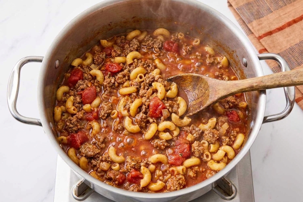 Elbow macaroni simmering in a tomato and beef sauce in a Dutch oven on a stovetop as it thickens