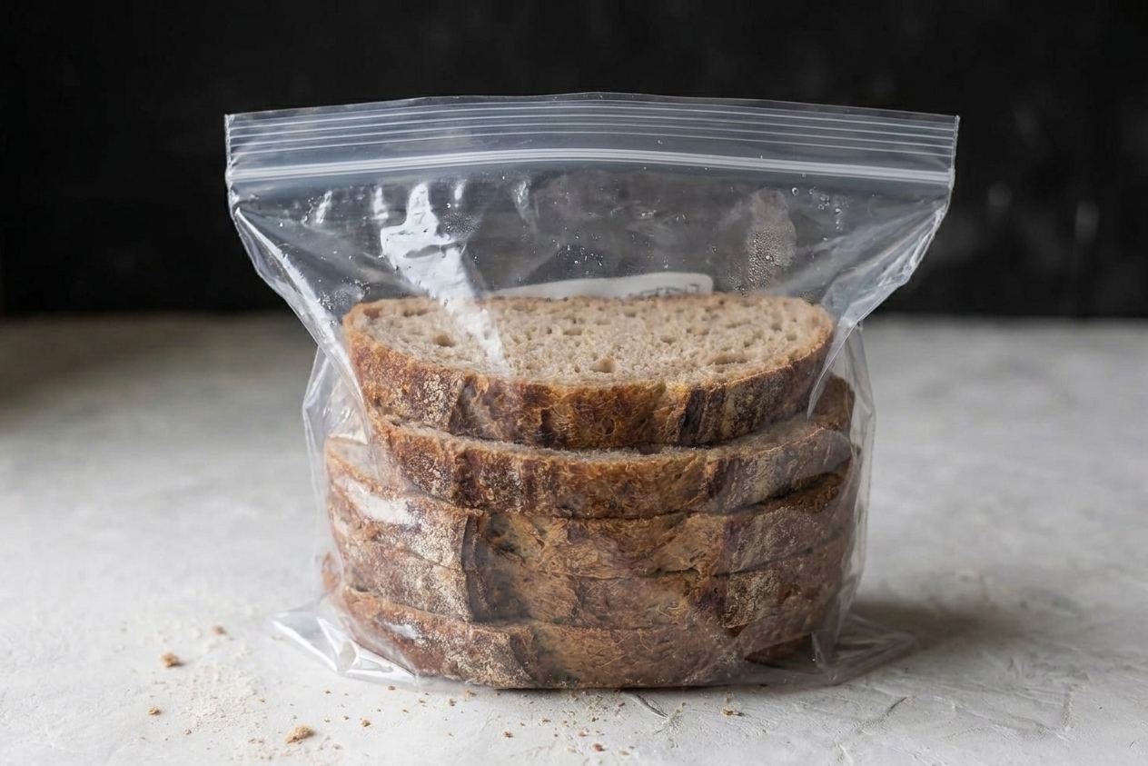 Even slices of wheat bread stacked inside a clear freezer bag on a kitchen counter