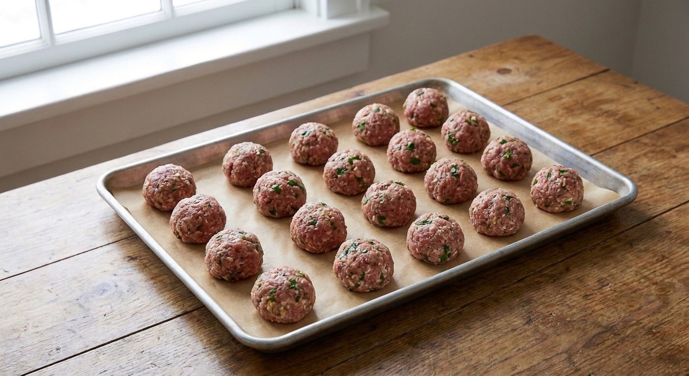 Evenly sized raw meatballs arranged on a parchment-lined baking sheet before cooking