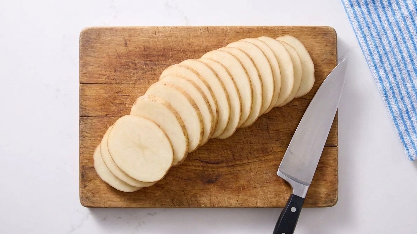 Evenly sliced potato rounds fanned out on a wooden cutting board next to a chef's knife