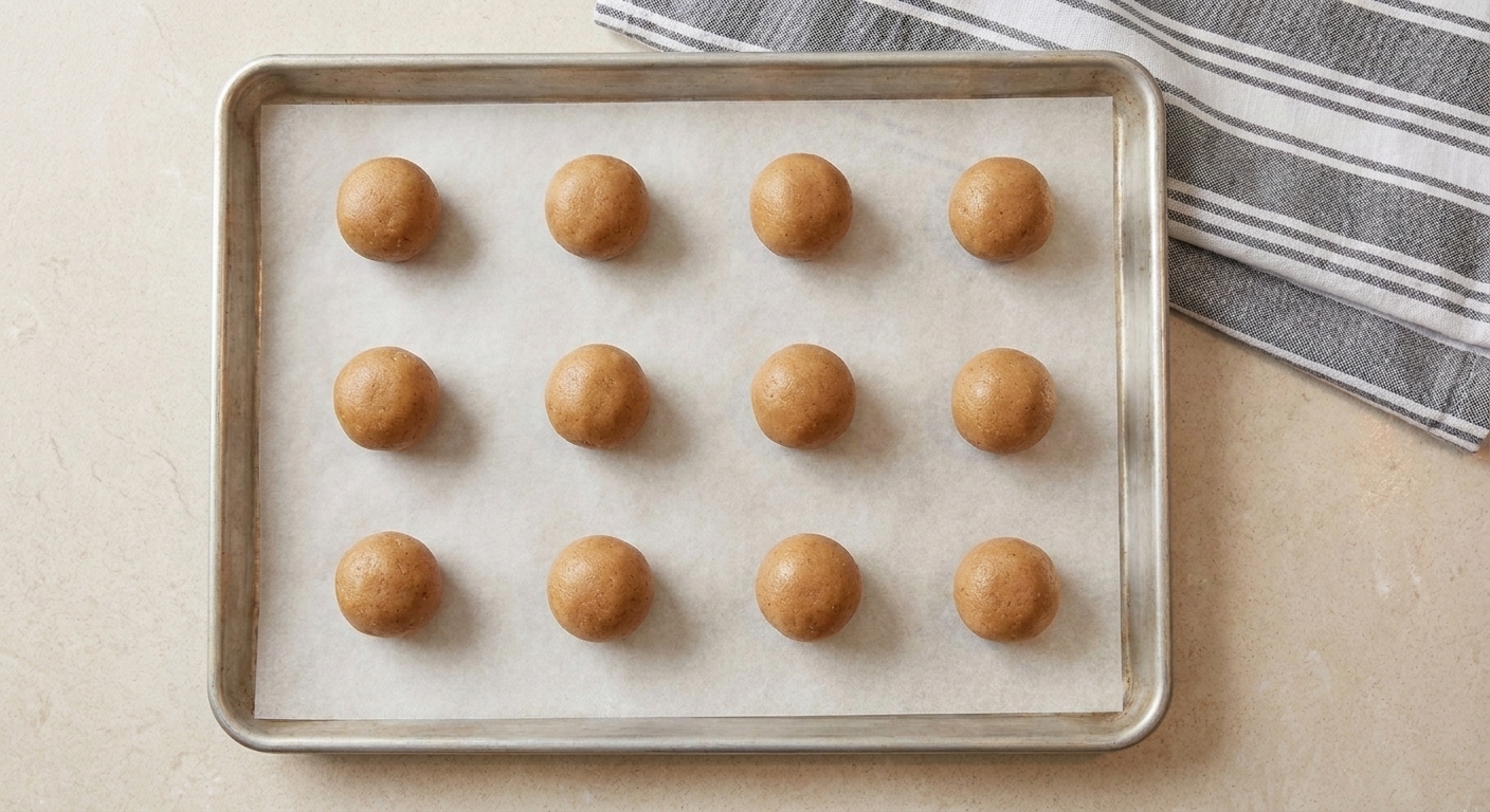 Evenly spaced balls of brown sugar cookie dough on a parchment-lined baking sheet before baking