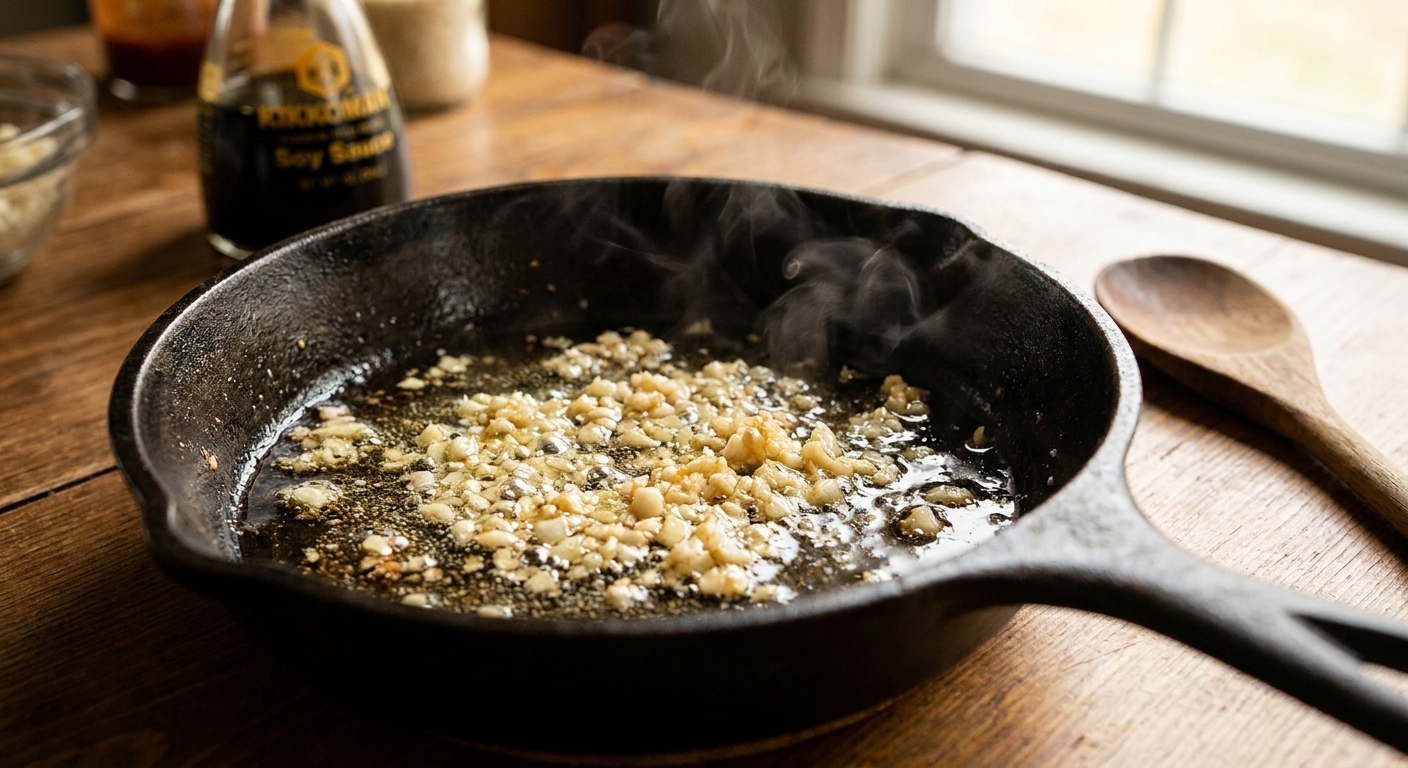 Finely minced garlic gently bubbling in sesame oil in a small skillet, just turning pale golden