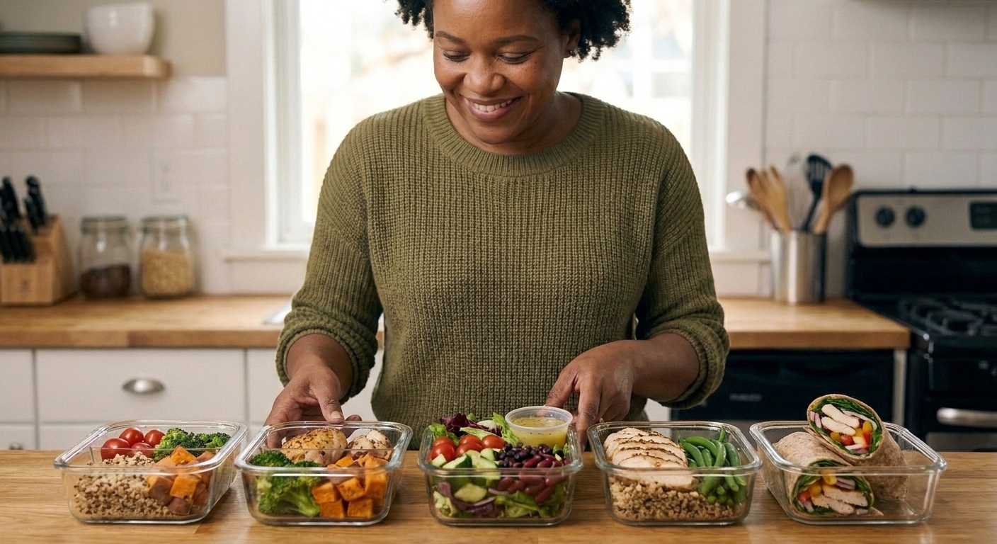 Five separate meal prep containers filled with different lunches including bowls, salad components, and a wrap