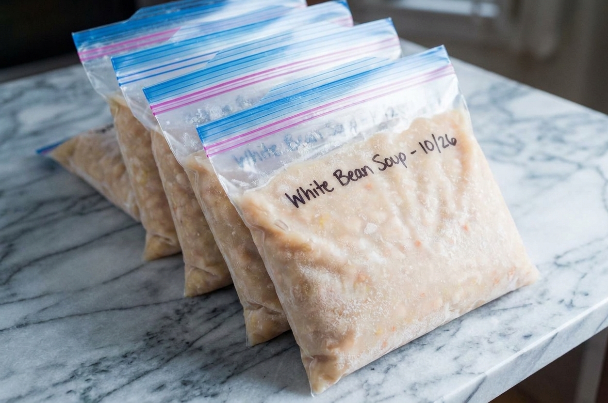 Flat-frozen soup portions in labeled freezer bags stacked neatly and ready to be stored upright in the freezer