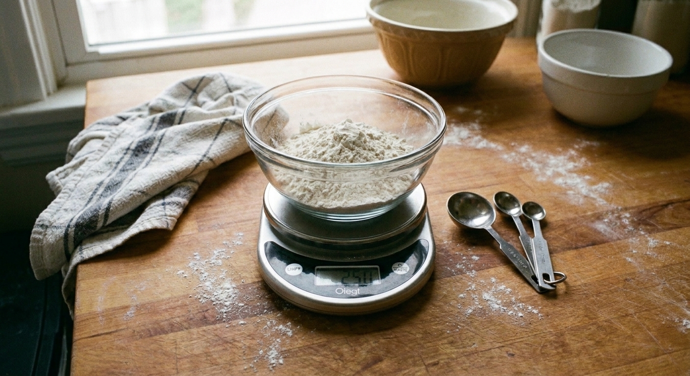 Flour being weighed on a digital kitchen scale next to measuring spoons on a countertop