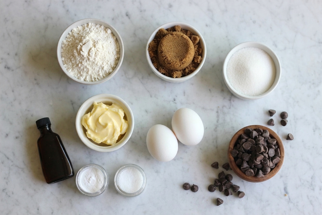 Flour, brown sugar, granulated sugar, butter, eggs, vanilla, baking soda, salt, and chocolate chips arranged on a bright kitchen counter
