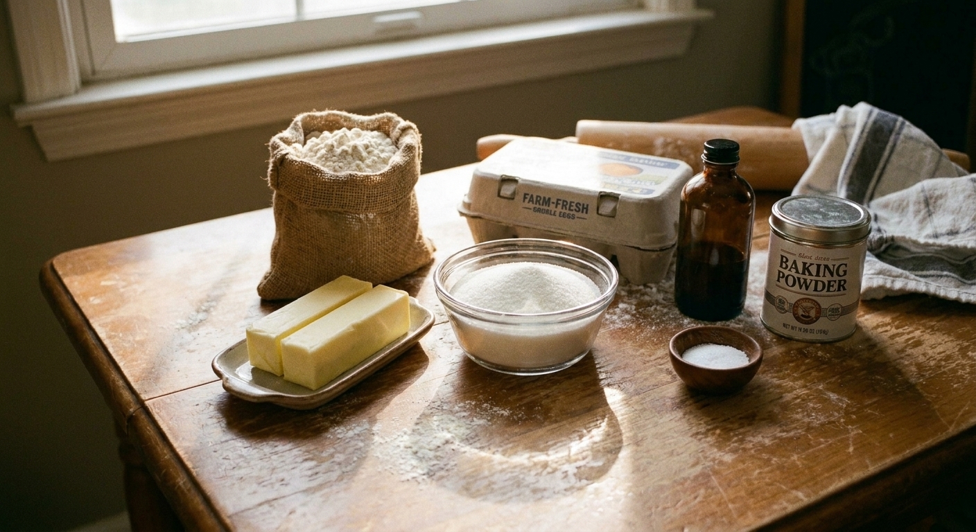 Flour, butter, granulated sugar, eggs, vanilla extract, baking powder, and salt arranged on a wooden kitchen counter