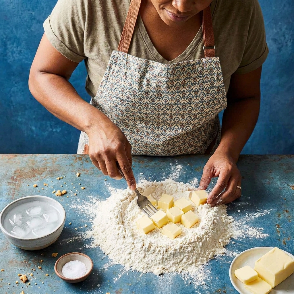 Flour, cold butter cubes, a small bowl of ice water, salt, and a fork arranged on a kitchen counter
