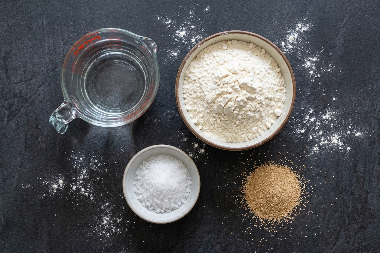 Flour, salt, instant yeast, and a measuring cup of water arranged on a clean kitchen counter