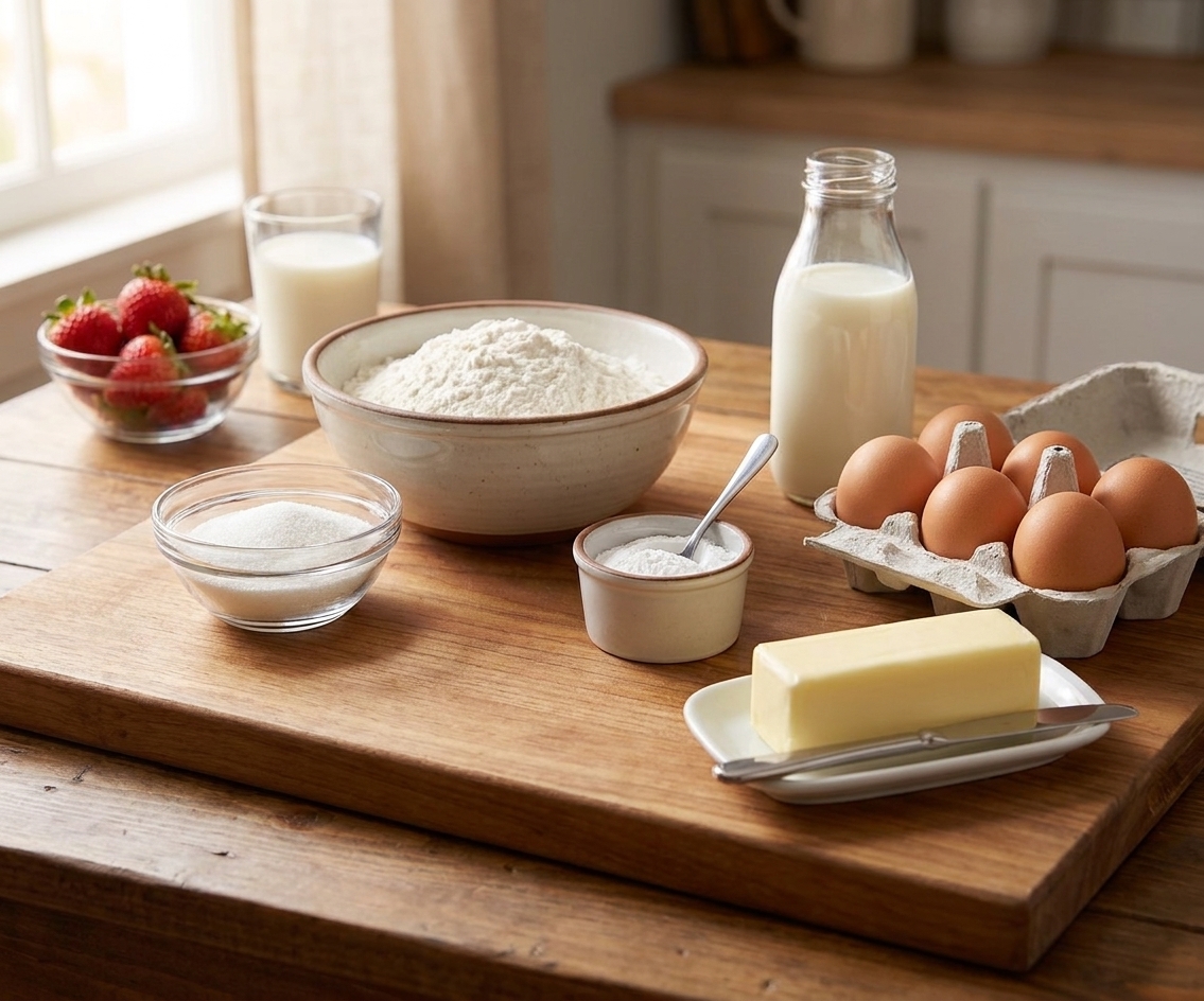 Flour, sugar, baking powder, eggs, milk, and butter arranged on a kitchen counter ready for making pancakes