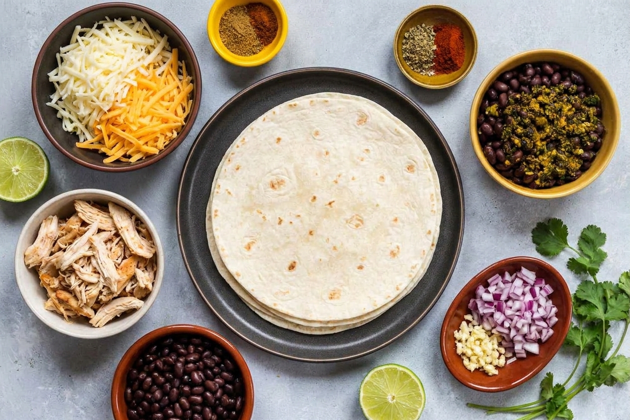 Flour tortillas, shredded cheese, cooked chicken, black beans, onion, garlic, spices, lime, and cilantro arranged together