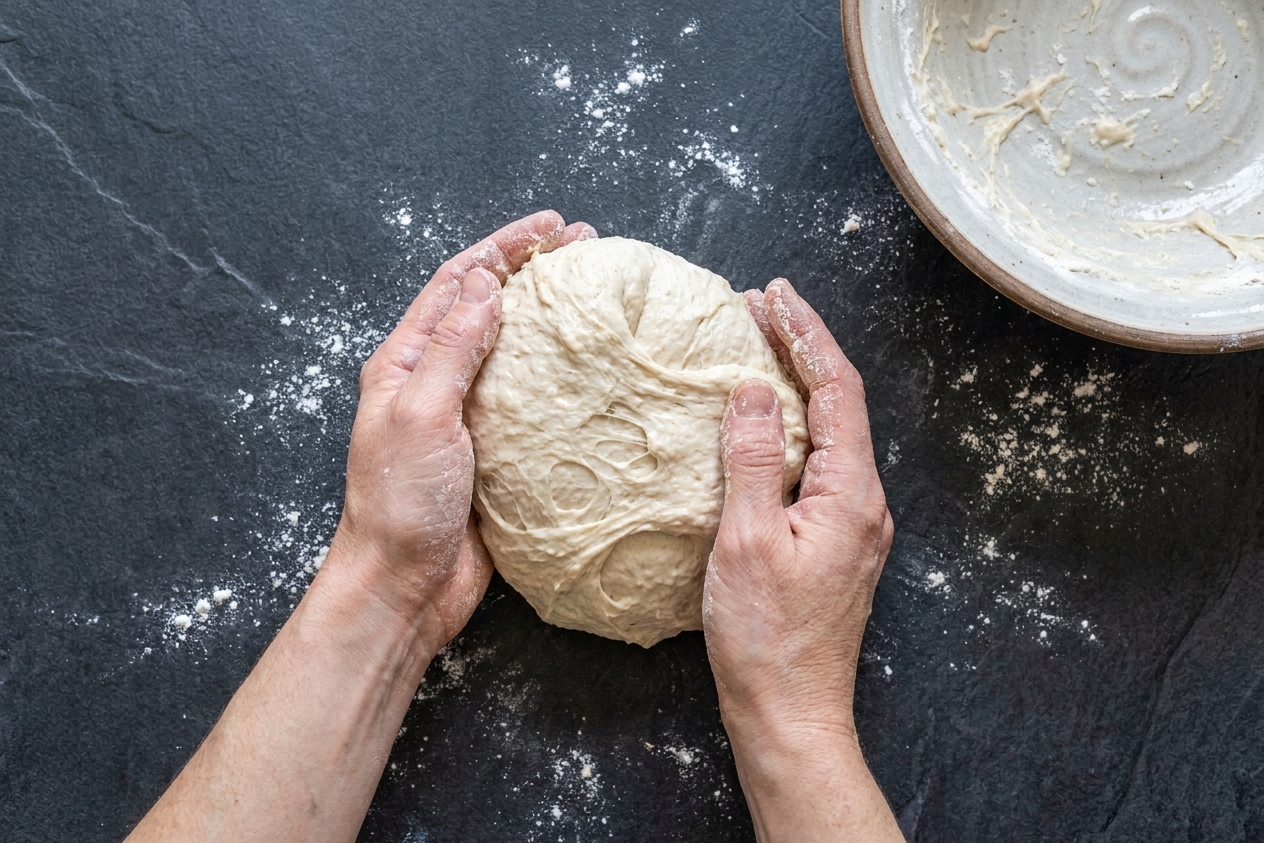 Floured hands gently shaping a sticky dough ball on a lightly floured countertop