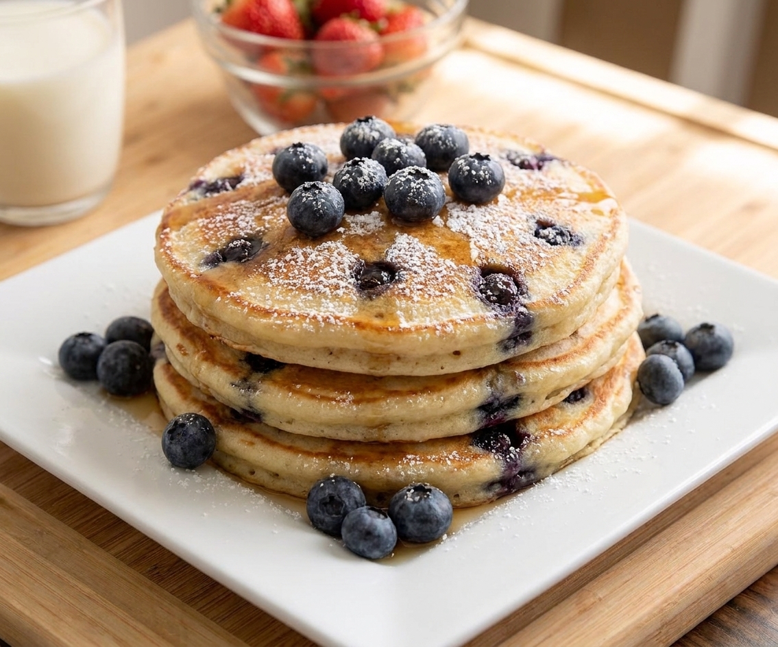 Fluffy blueberry pancakes topped with fresh blueberries and a light dusting of powdered sugar