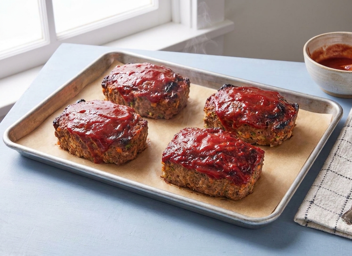 Four mini meatloaves on a rimmed baking sheet with glaze brushed on top, just out of the oven with caramelized edges