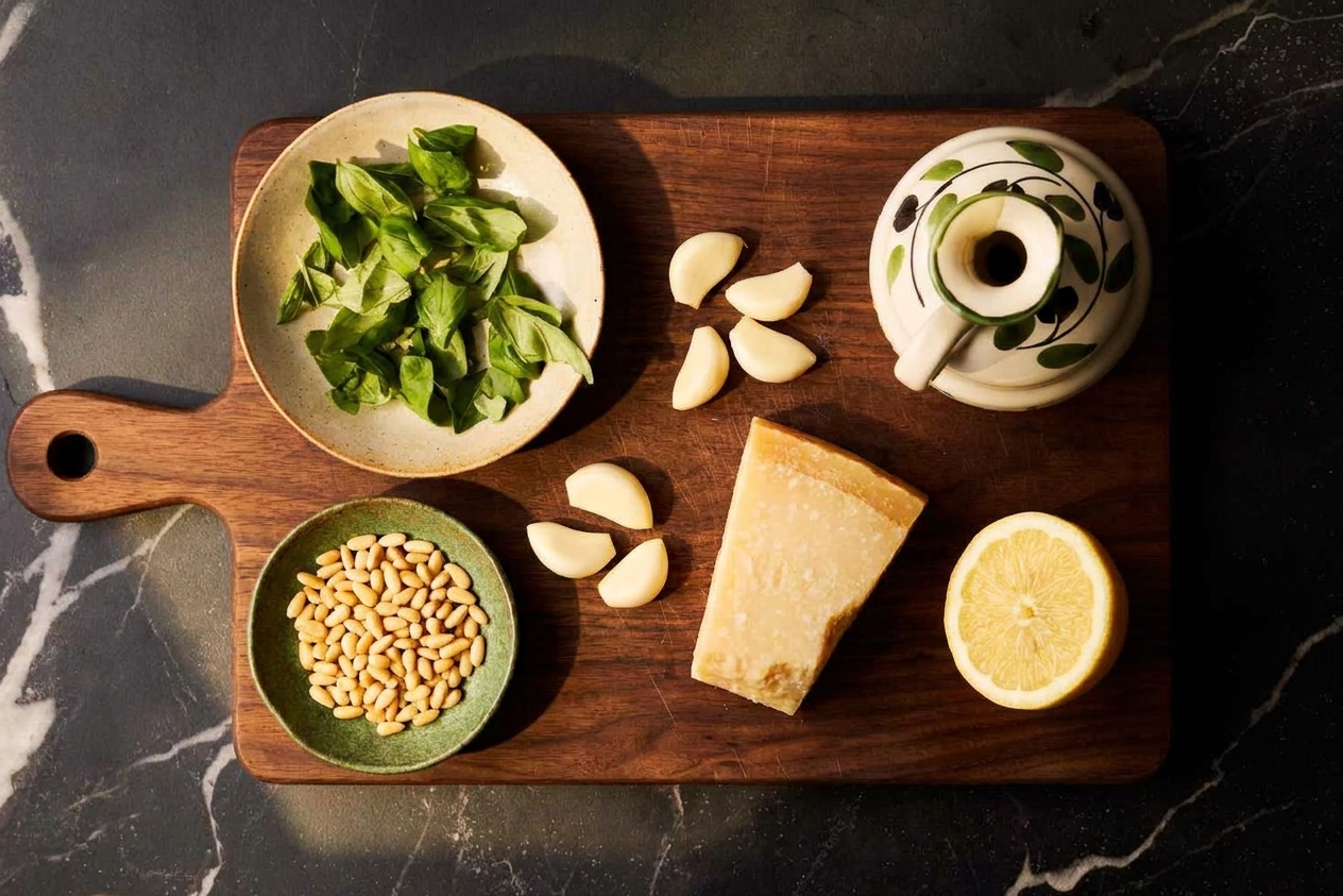 Fresh basil, pine nuts, garlic, Parmesan wedge, lemon, and olive oil laid out on a wooden cutting board on a kitchen counter