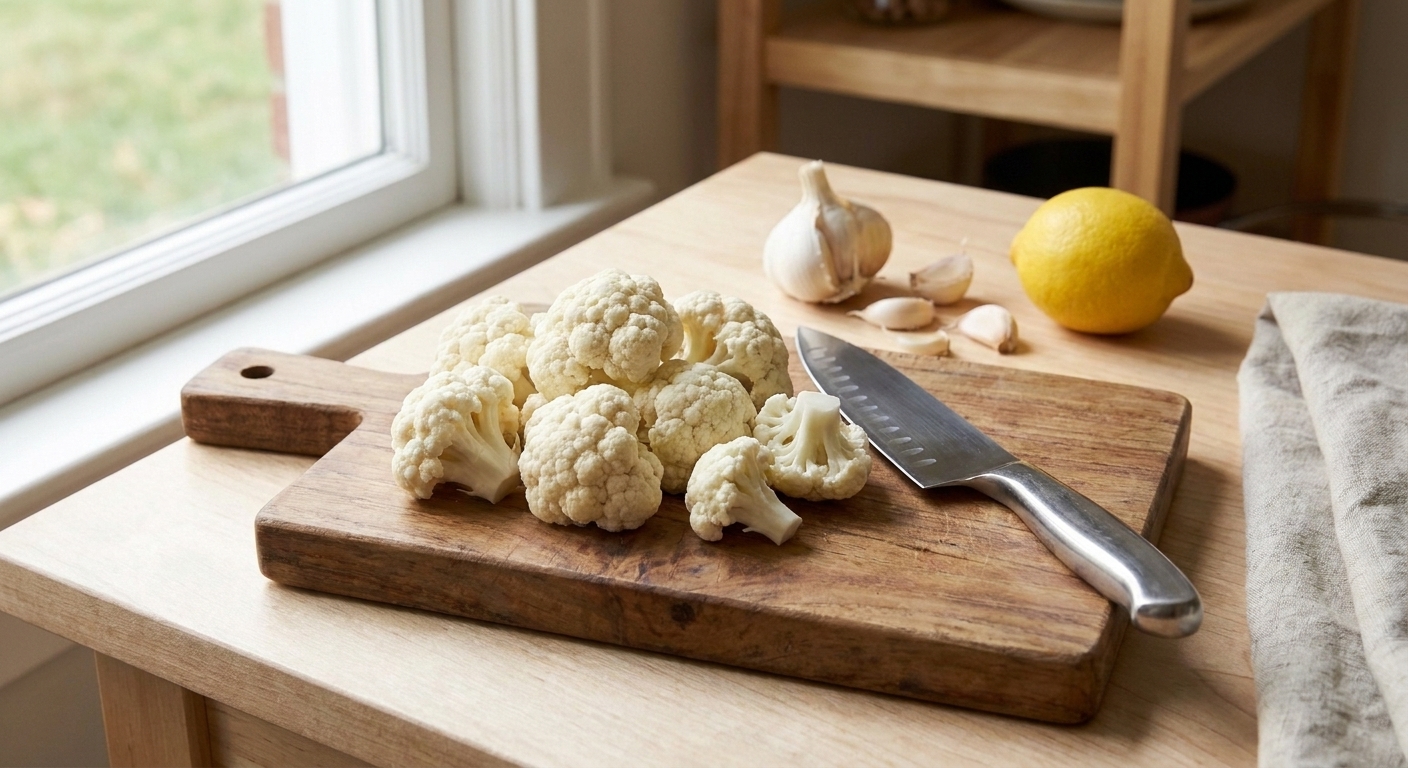 Fresh cauliflower florets on a cutting board next to a knife, garlic, and a lemon in a home kitchen