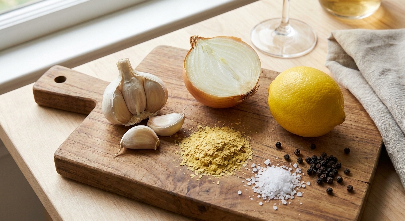 Fresh garlic cloves, a halved yellow onion, lemon, nutritional yeast, salt, and pepper arranged on a wooden cutting board