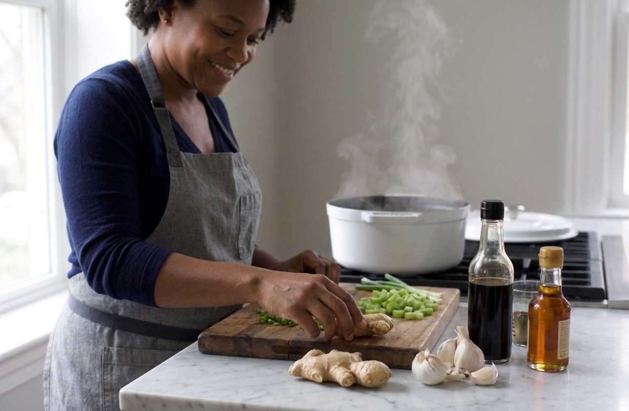 Fresh ginger, garlic cloves, scallions, soy sauce, and sesame oil arranged on a kitchen counter ready to flavor soup