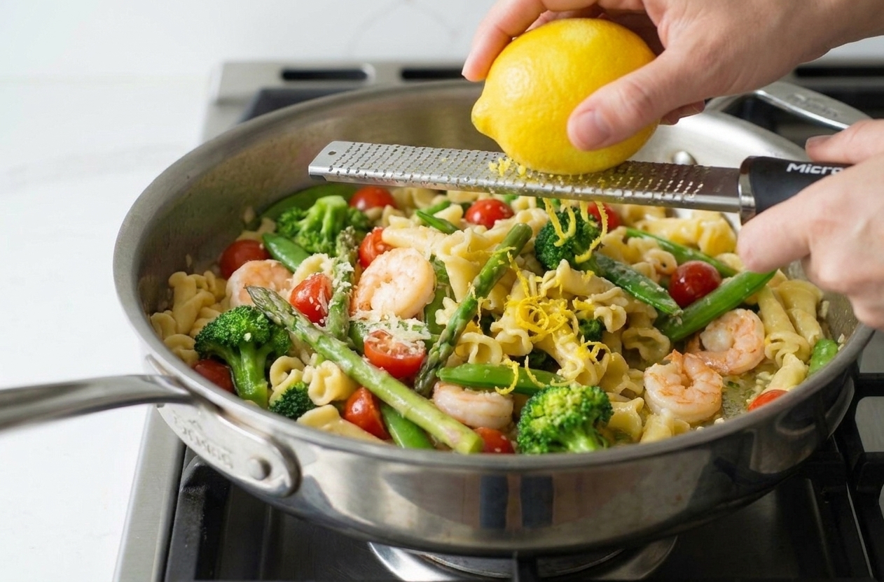 Fresh lemon zest being grated over a pan of pasta and vegetables