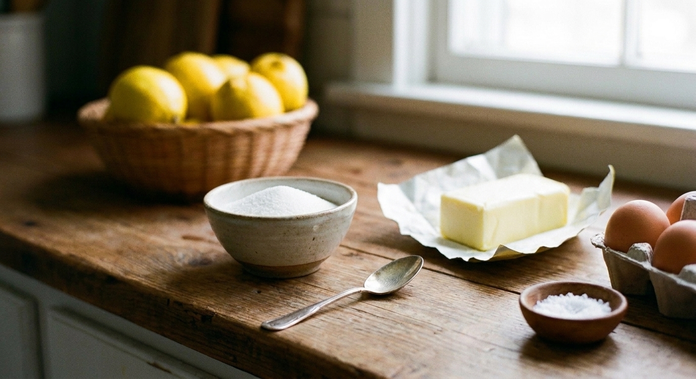 Fresh lemons, eggs, butter, salt, and a small bowl of sugar arranged on a kitchen counter ready for cooking