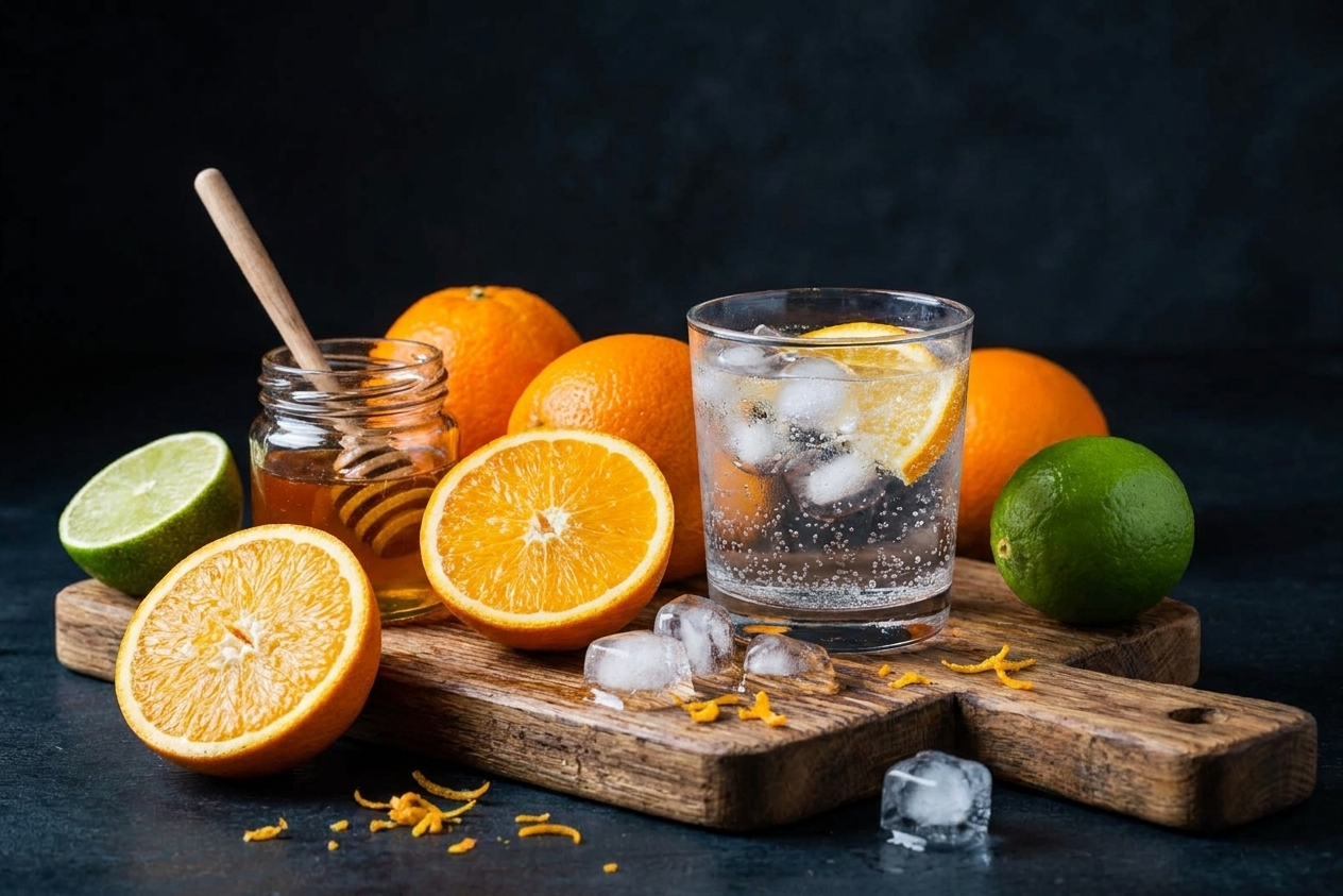 Fresh oranges, a lime, a small jar of honey, sparkling water, and ice arranged on a wooden cutting board