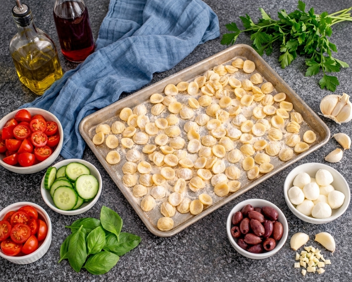 Fresh pasta, cherry tomatoes, cucumber, basil, olives, mozzarella, garlic, olive oil, and vinegar arranged on a clean kitchen counter