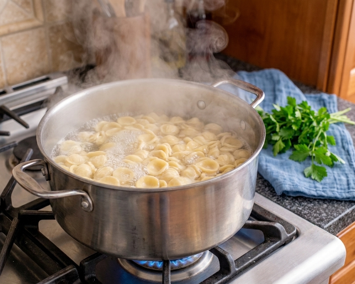 Fresh pasta cooking in a pot of boiling water on a stovetop with steam rising