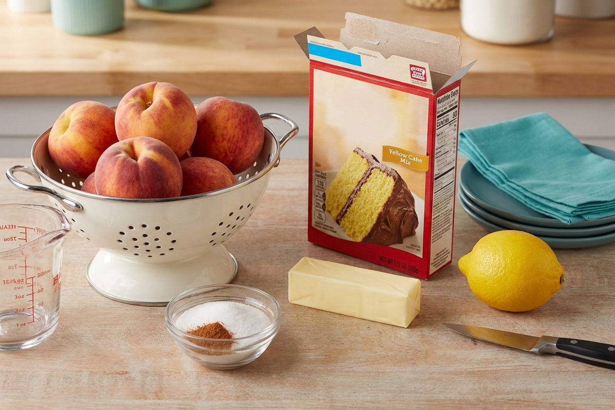 Fresh peaches, a box of yellow cake mix, butter, sugar, cinnamon, and a lemon on a kitchen counter ready for baking