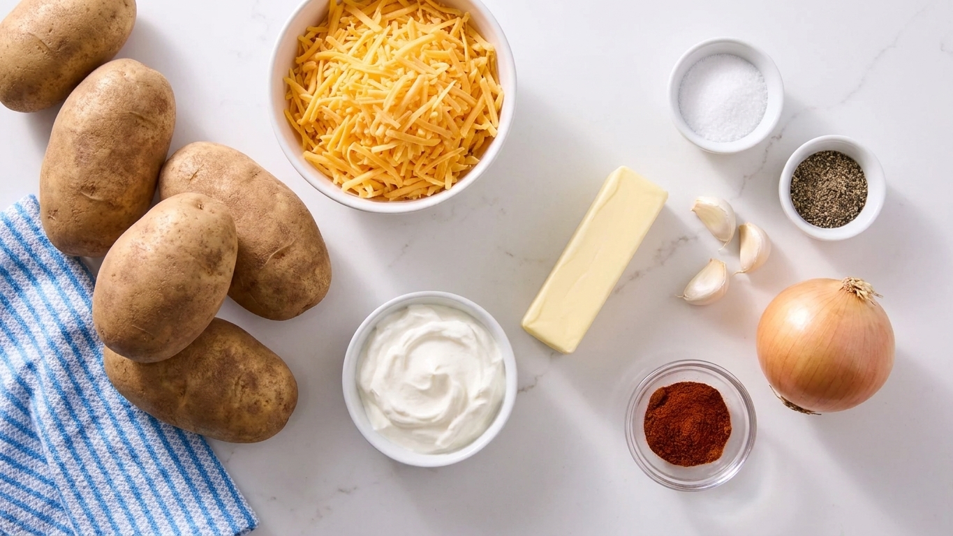 Fresh russet potatoes, shredded cheddar cheese, sour cream, butter, garlic, onion, and seasonings arranged on a clean kitchen counter