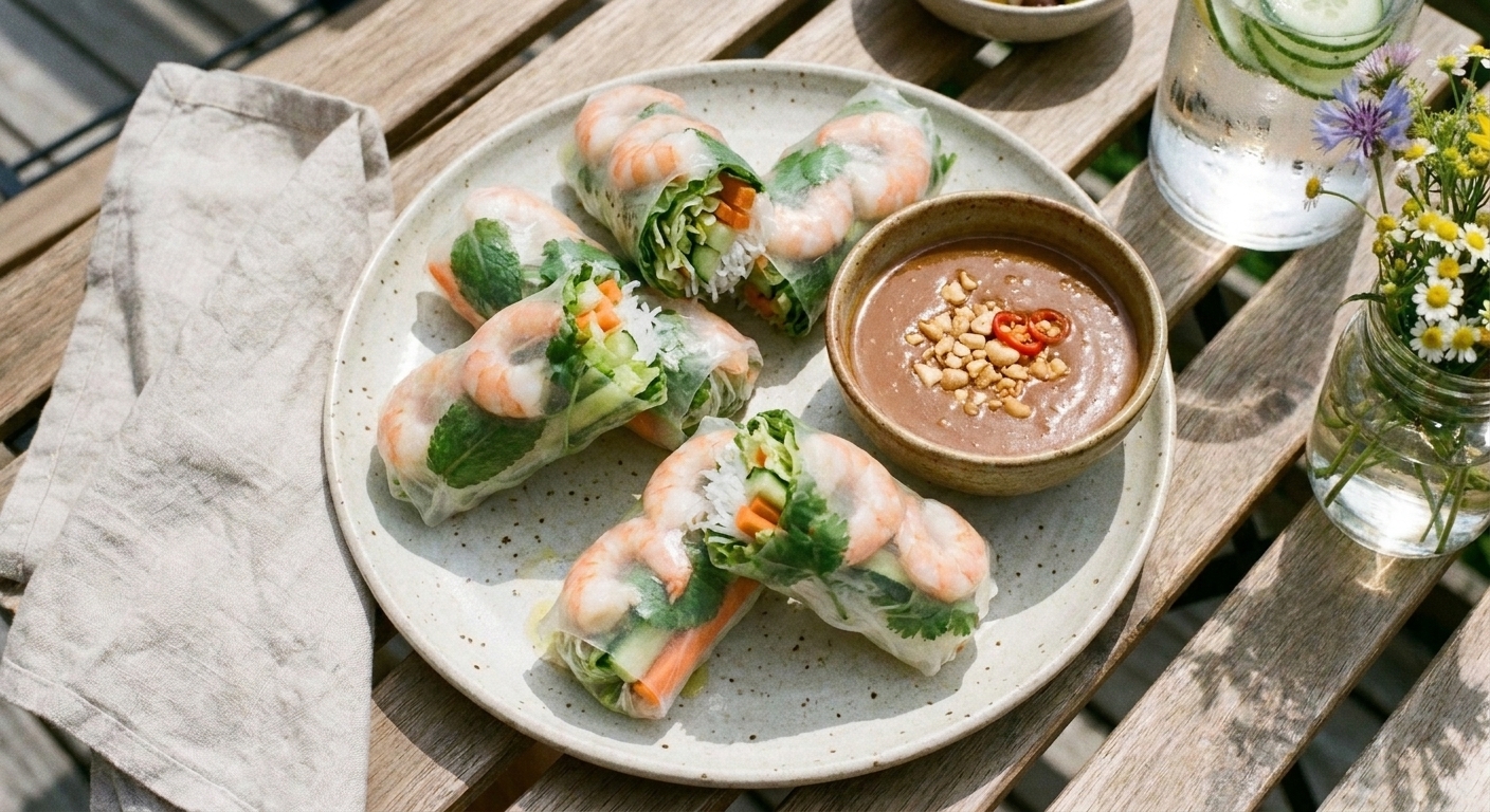 Fresh shrimp rice paper rolls filled with herbs and vegetables on a platter with a small bowl of peanut dipping sauce