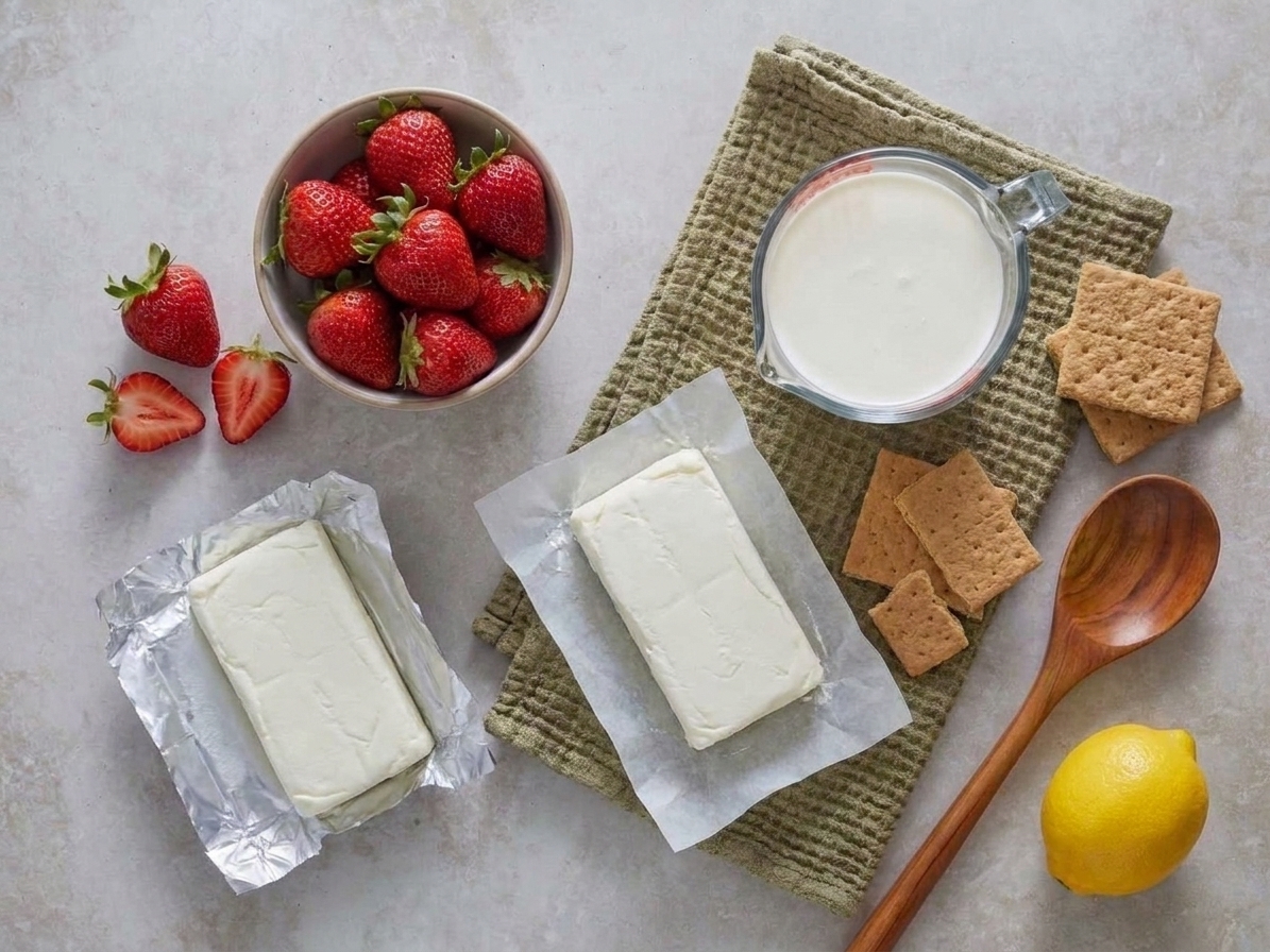 Fresh strawberries, blocks of cream cheese, heavy cream, graham crackers, and a lemon arranged on a kitchen counter