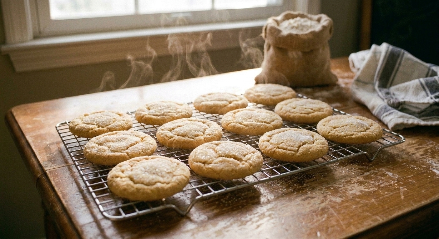 Fresh sugar cookies cooling on a wire rack with a light dusting of sugar on a bright kitchen counter